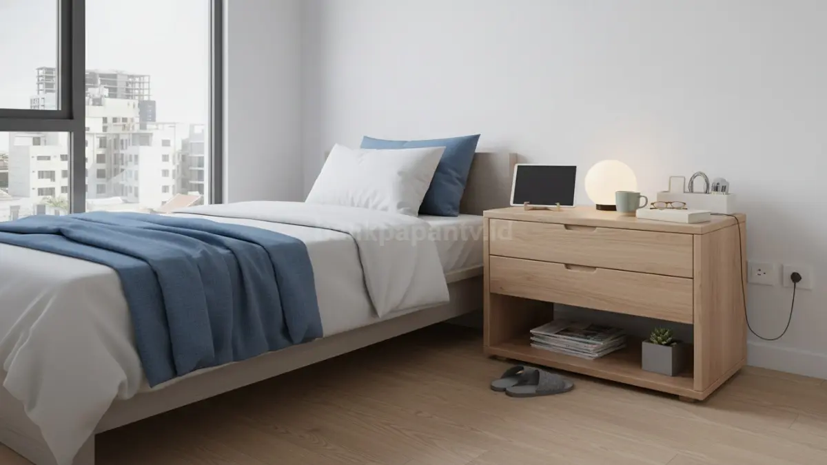 Nakas minimalis modern di samping tempat tidur dengan desain clean