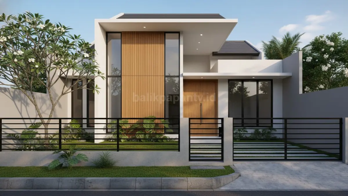 pagar besi minimalis modern warna hitam dengan desain garis tegas yang elegan