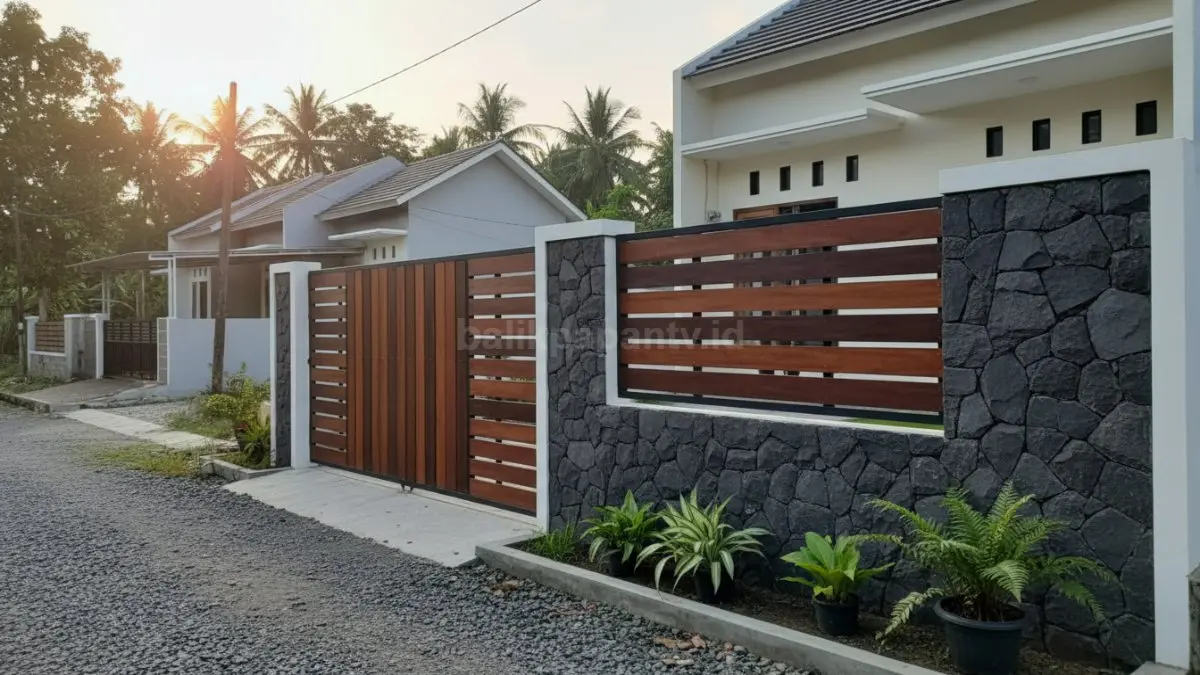 Pagar kombinasi batu alam dan kayu memberi tampilan alami yang estetik