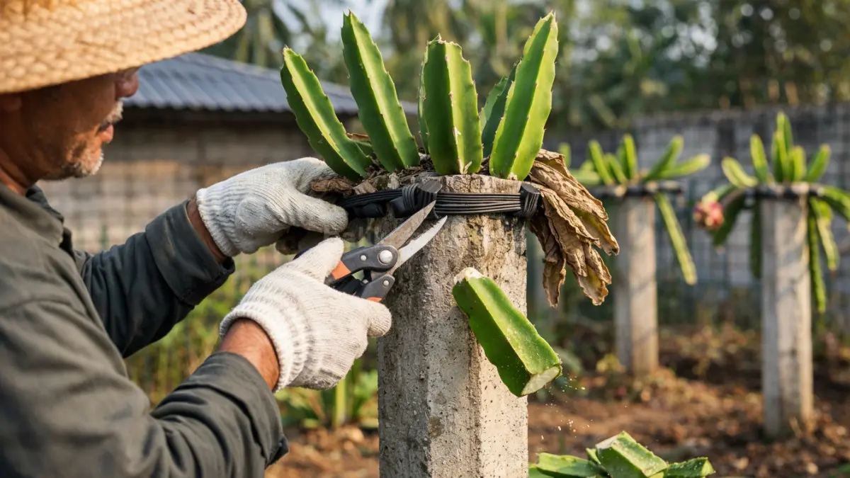 Petani memangkas batang bercabang pada pohon buah naga.