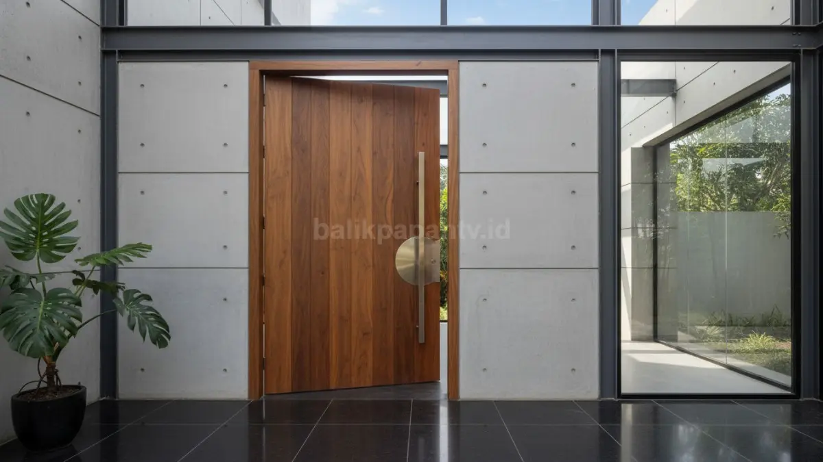 Pintu dengan material kayu yang tampak membuat pasad kokoh