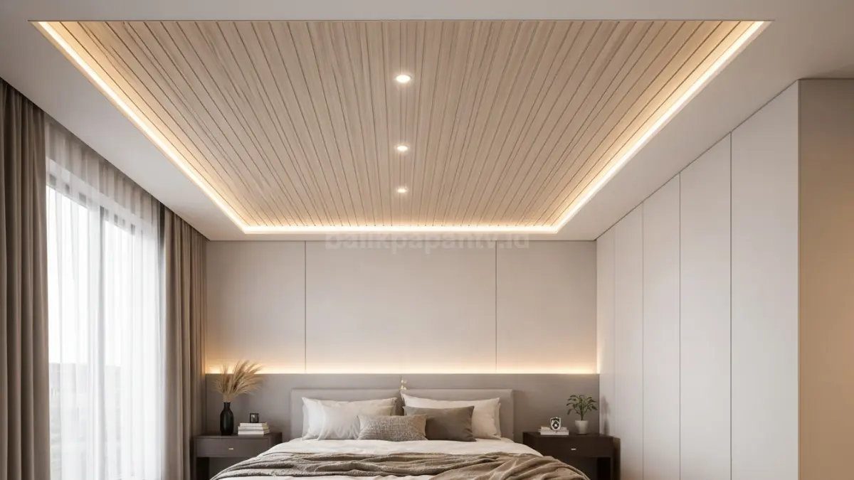 Plafon PVC desain garis linear modern.
