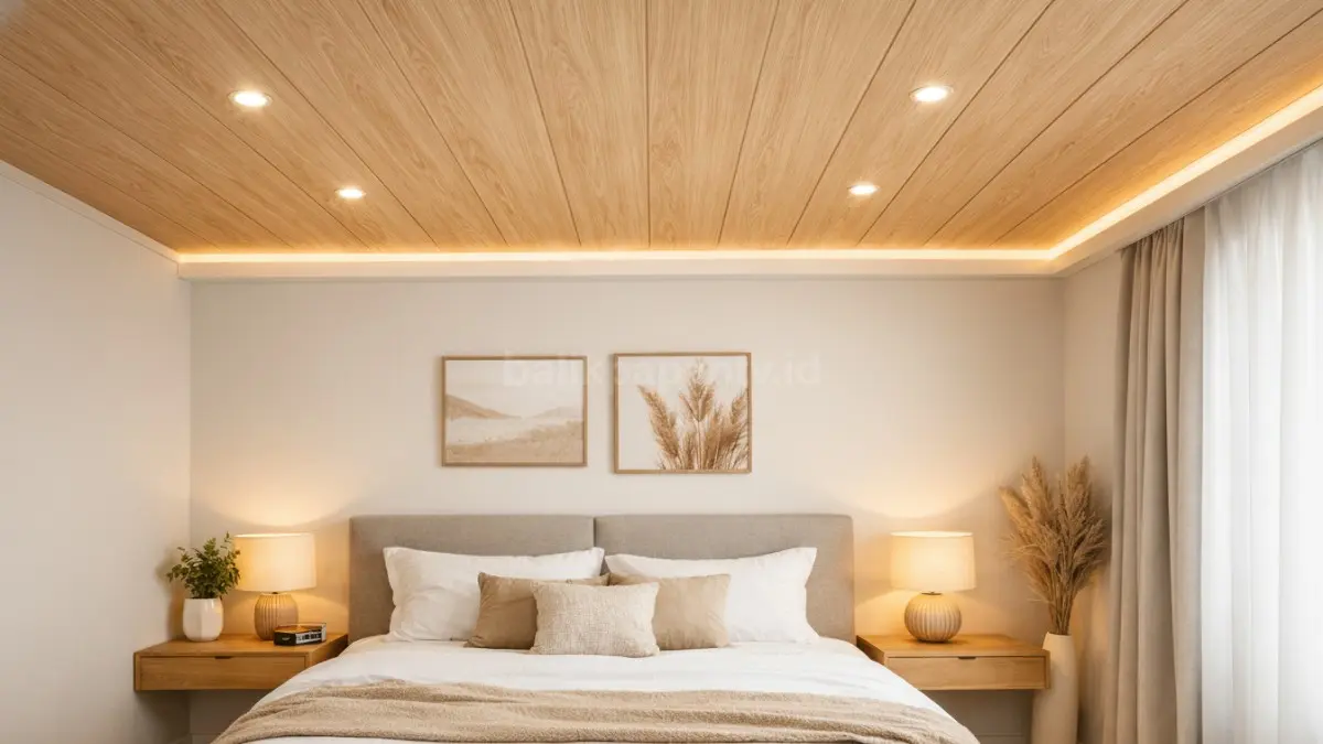 Plafon PVC motif kayu natural.