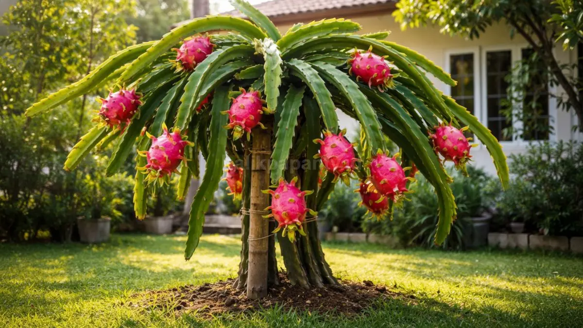 Pohon buah naga di pekarangan rumah dengan buah matang segar dan pencahayaan optimal.