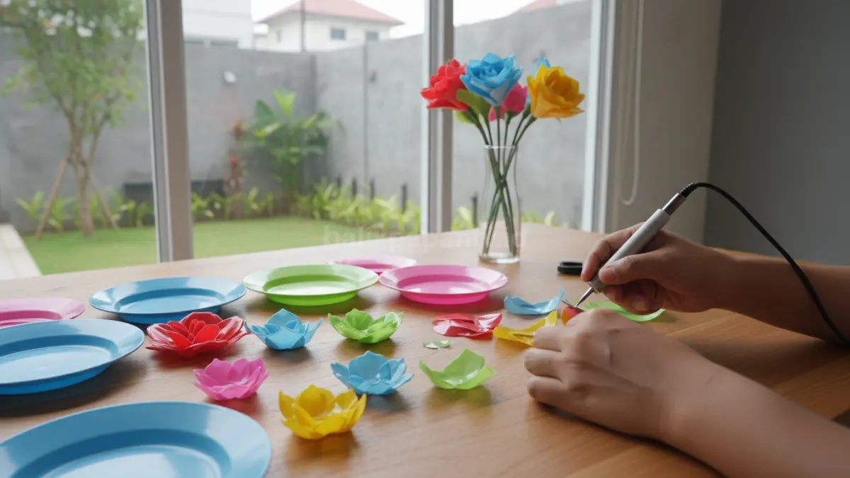 Proses membentuk piring plastik jadi dekor bunga unik.
