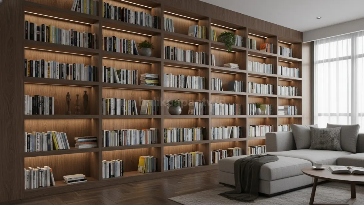 Rak Buku Built-In LED Dinding Penuh