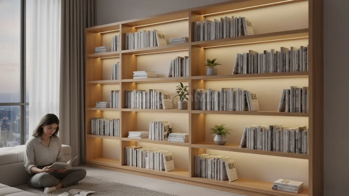 Rak buku minimalis dengan lampu LED hangat, tampil elegan di ruang modern