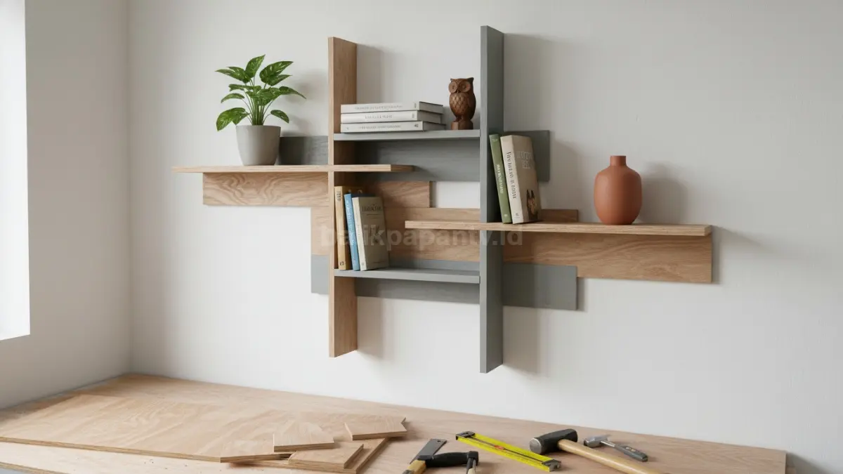 Rak dinding minimalis dari triplek bekas dengan finishing warna netral, dimanfaatkan untuk menyimpan buku dan dekorasi kecil dengan tampilan modern dan fungsional.
