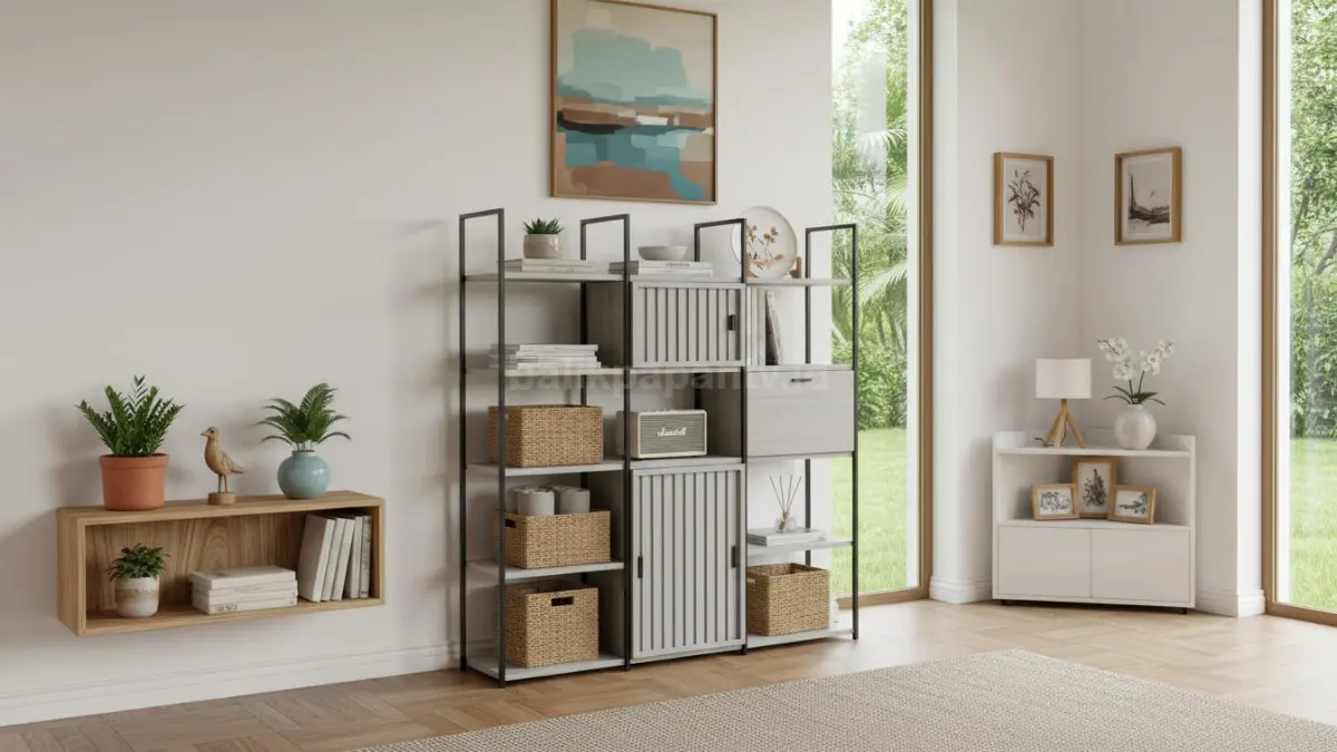 Rak pajangan minimalis modern di ruang tamu kecil dengan dekorasi estetik