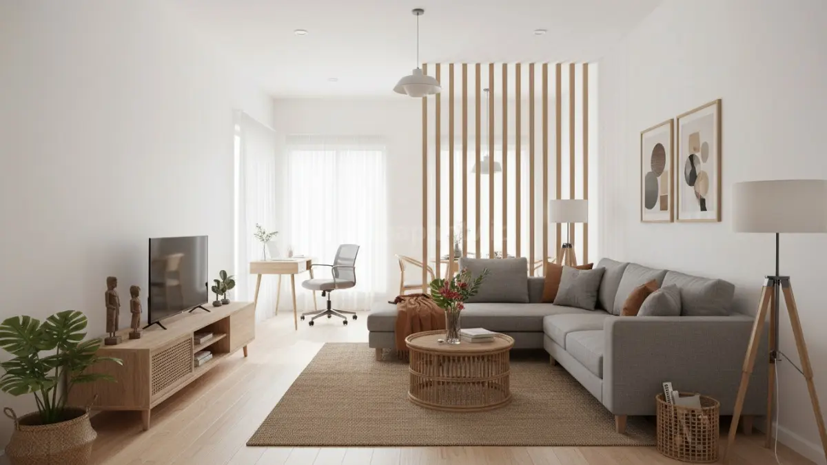 Ruang tamu modern minimalis dengan pencahayaan alami dan furnitur simpel