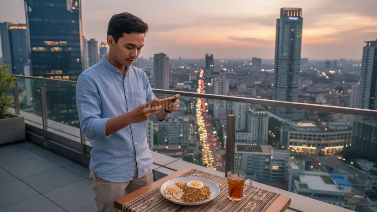 Seseorang memotret makanan dan suasana kota menggunakan kamera ponsel, menggambarkan tren fotografi modern yang memanfaatkan ide kreatif tanpa harus menggunakan alat mahal