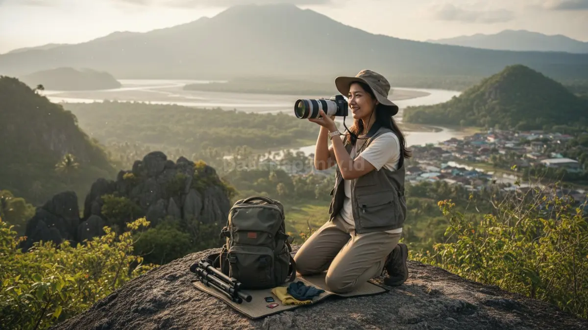 Seseorang memotret menggunakan kamera di ruang terbuka, menggambarkan fotografi sebagai hobi produktif dan peluang penghasilan
