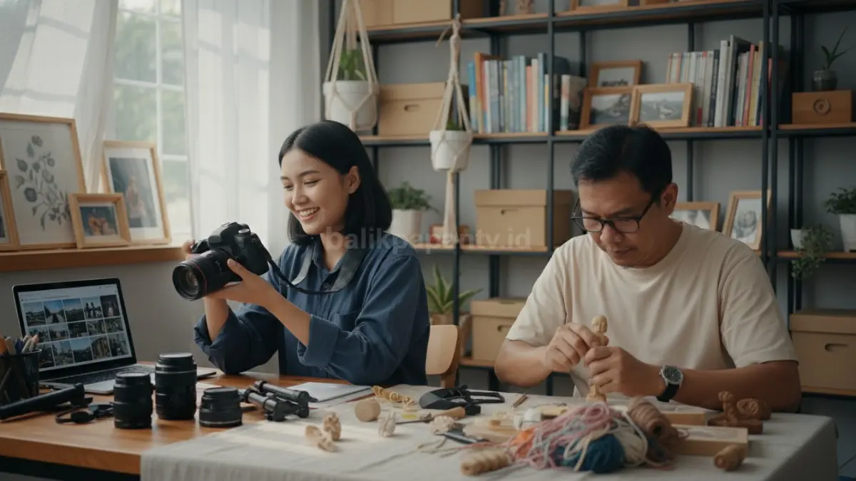 Seseorang menjalankan hobi seperti fotografi atau membuat kerajinan tangan di rumah, menggambarkan awal mula passion berkembang menjadi peluang penghasilan.
