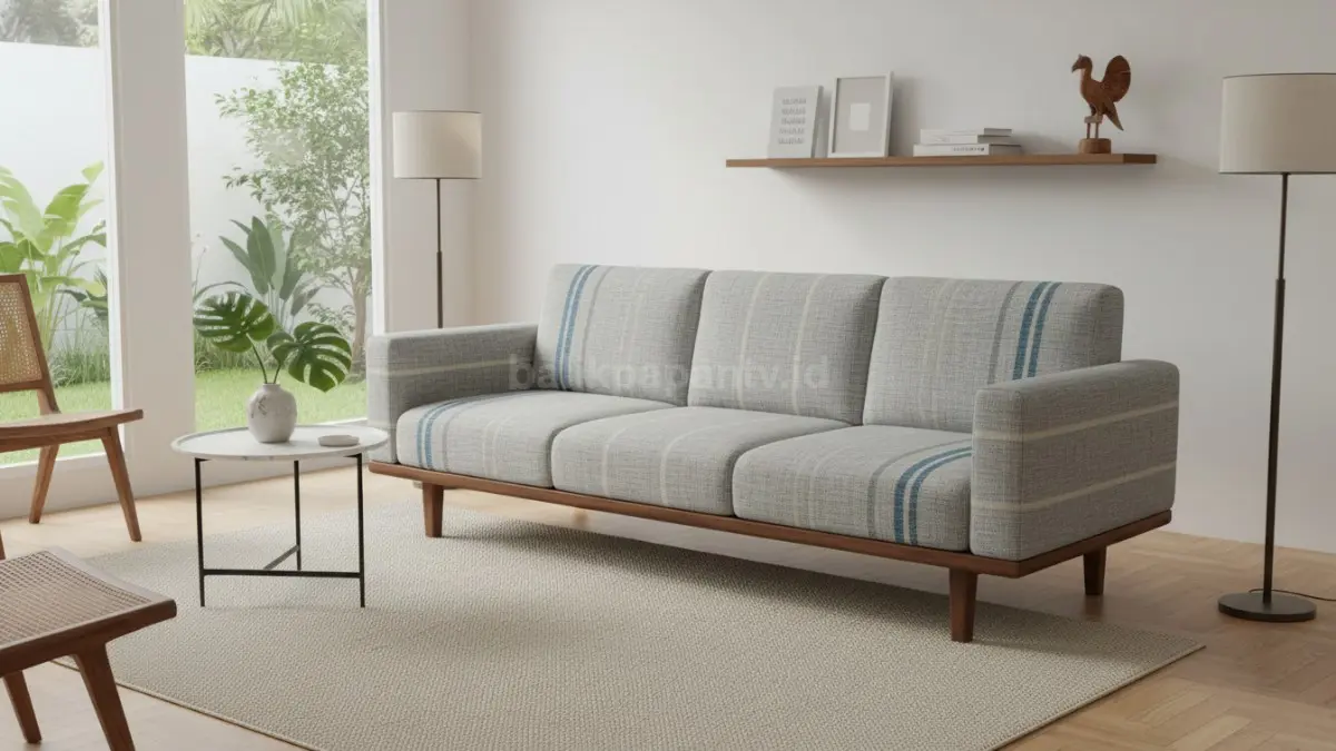 Sofa estetik minimalis modern di ruang tamu kecil yang rapi dan nyaman