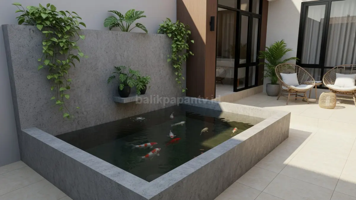 Sudut kolam ikan beton minimalis di teras sempit modern
