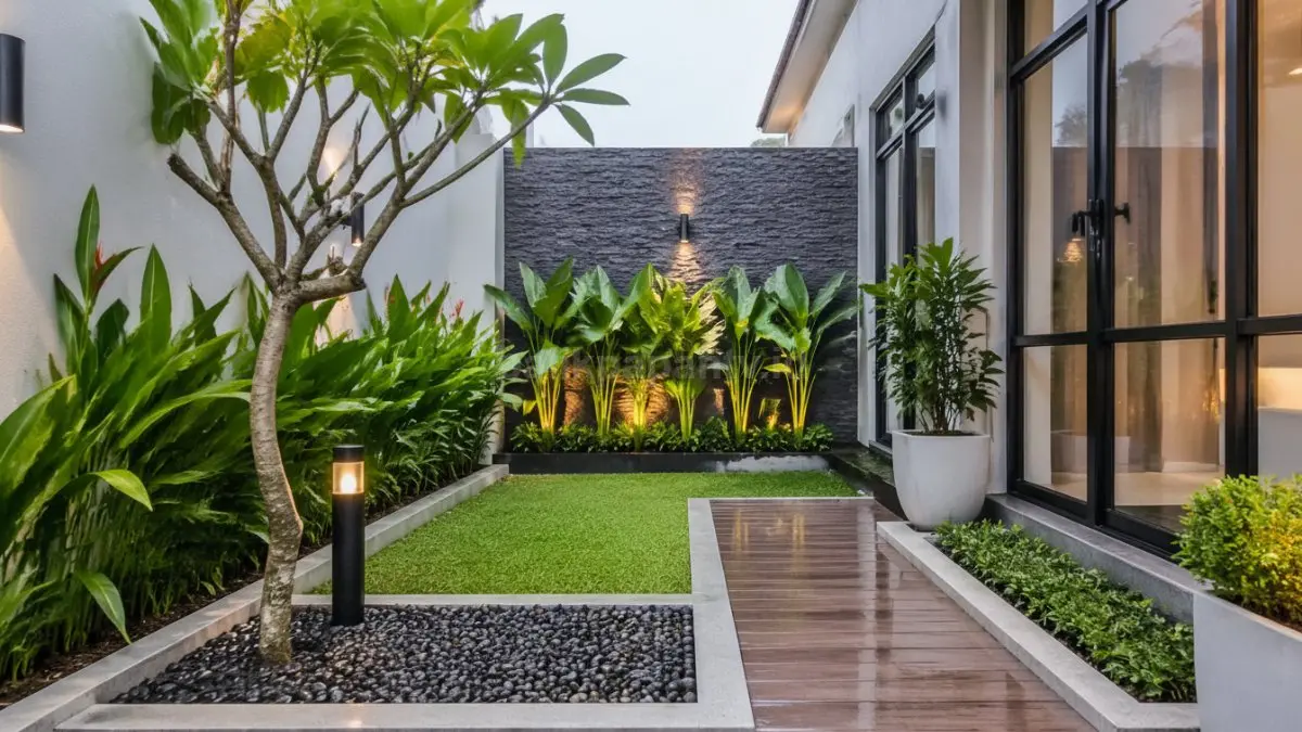 Taman minimalis modern di halaman kecil dengan tanaman hijau rapi dan pencahayaan alami.
