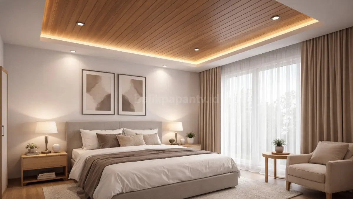 Tampilan kamar minimalis modern dengan plafon PVC motif kayu elegan dan pencahayaan hangat.