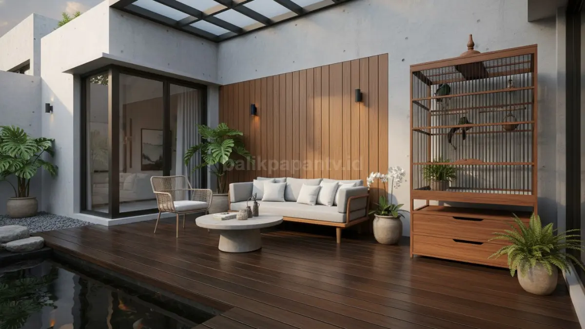 Teras rumah modern dengan kandang burung di sudut yang rapi dan estetik
