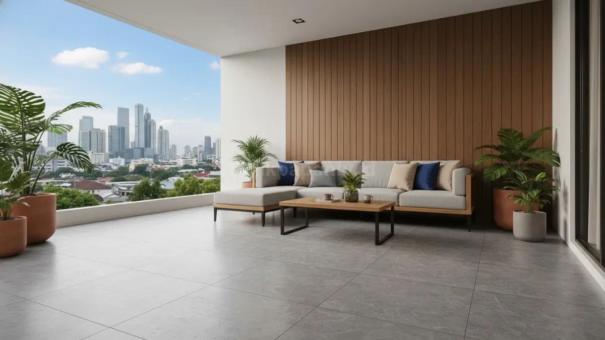 Teras rumah modern dengan keramik abu-abu tekstur kasar yang terlihat bersih dan elegan

