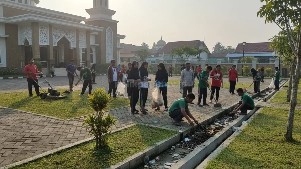Warga dan remaja masjid melakukan perawatan halaman dengan memotong rumput, membersihkan sampah, dan merapikan saluran air agar lingkungan sekitar masjid lebih tertata dan nyaman digunakan bersama.