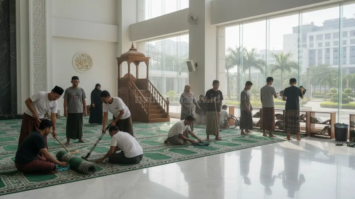 Warga dan remaja masjid sedang membersihkan ruang salat, karpet, dan mimbar secara gotong royong dengan pembagian tugas sederhana untuk menjaga kebersihan area utama masjid.