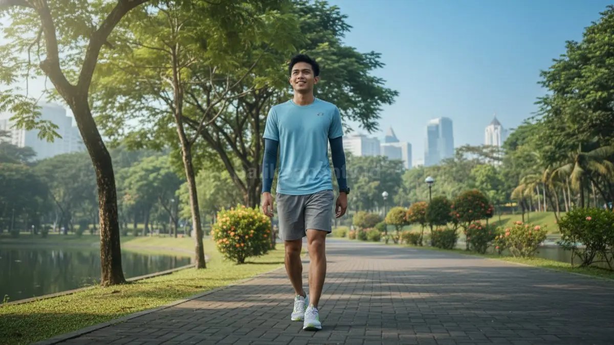 Seseorang berjalan santai di area terbuka saat pagi hari, mengenakan pakaian olahraga ringan. Ekspresi wajah terlihat segar, menggambarkan rutinitas sederhana seperti jalan kaki yang membantu menjaga berat badan ideal dan energi harian tetap stabil.