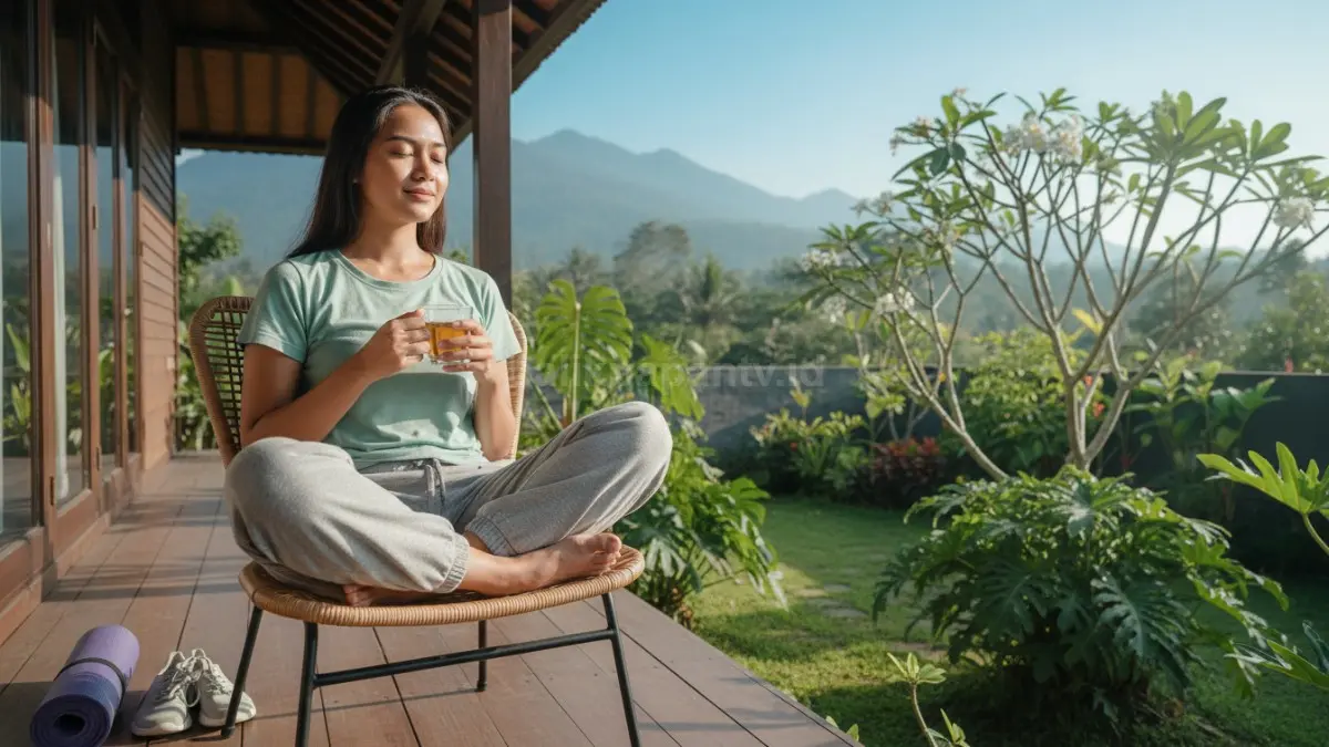 Seseorang duduk santai di ruang terbuka sambil menikmati udara segar, dengan ekspresi wajah lebih tenang setelah beraktivitas ringan. Momen ini menggambarkan cara sederhana mengelola stres agar pikiran lebih rileks dan kebiasaan makan tetap terkontrol.