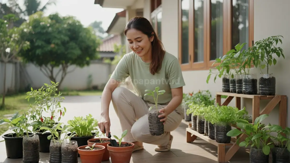 Aktivitas berkebun skala kecil di rumah dengan pot sederhana dan botol bekas, memperlihatkan seseorang menanam sayuran sambil menikmati suasana rileks yang membantu meredakan stres.