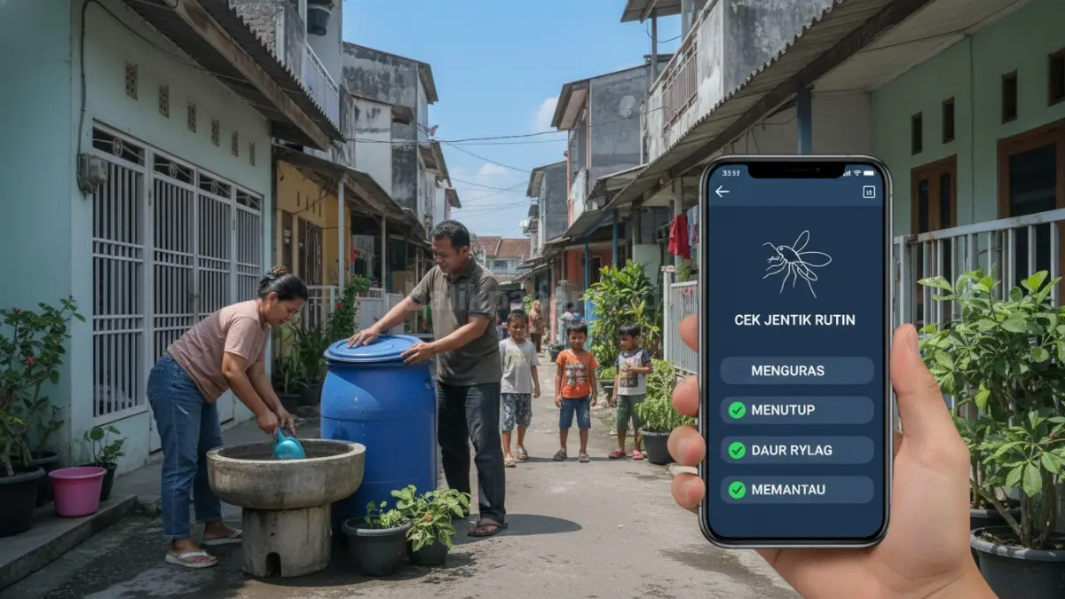 Aktivitas warga di lingkungan padat yang menerapkan sistem 3M Plus modern, terlihat menguras bak air, menutup wadah, serta menggunakan pengingat digital di ponsel untuk inspeksi jentik secara rutin agar mencegah siklus nyamuk berkembang.