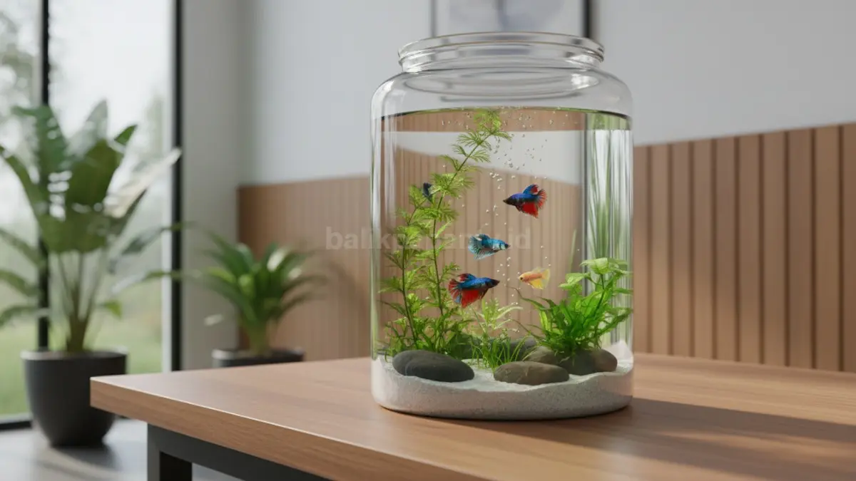 Aquarium mini dari toples kaca dengan ikan dan tanaman air