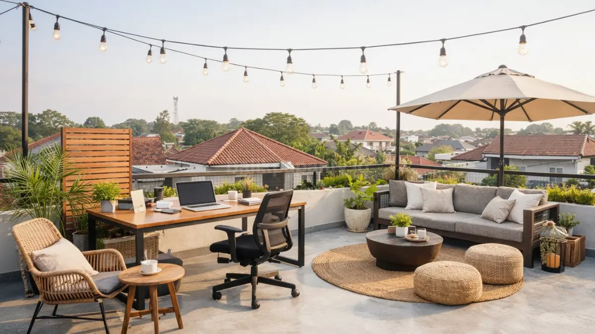 Atap dak sebagai ruang kerja terbuka.&nbsp;