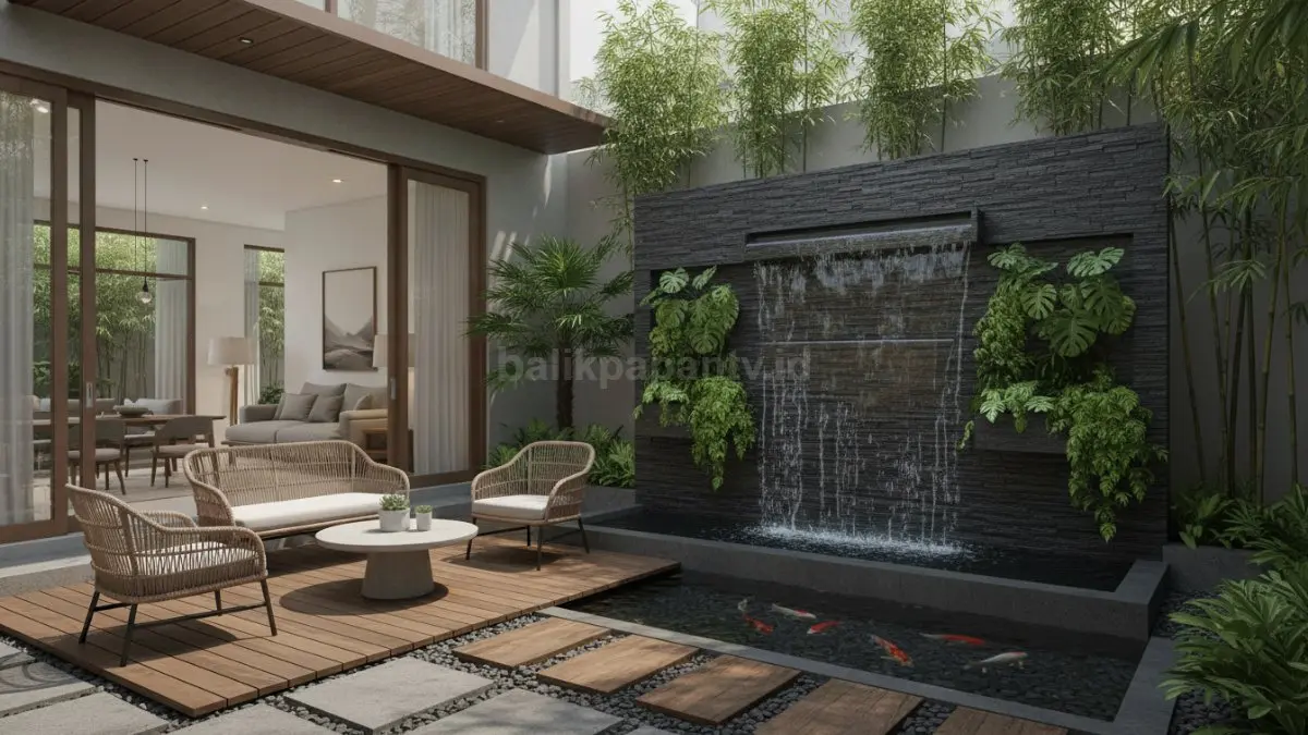 ater wall minimalis di ruang tamu modern menghadirkan suasana sejuk dan elegan