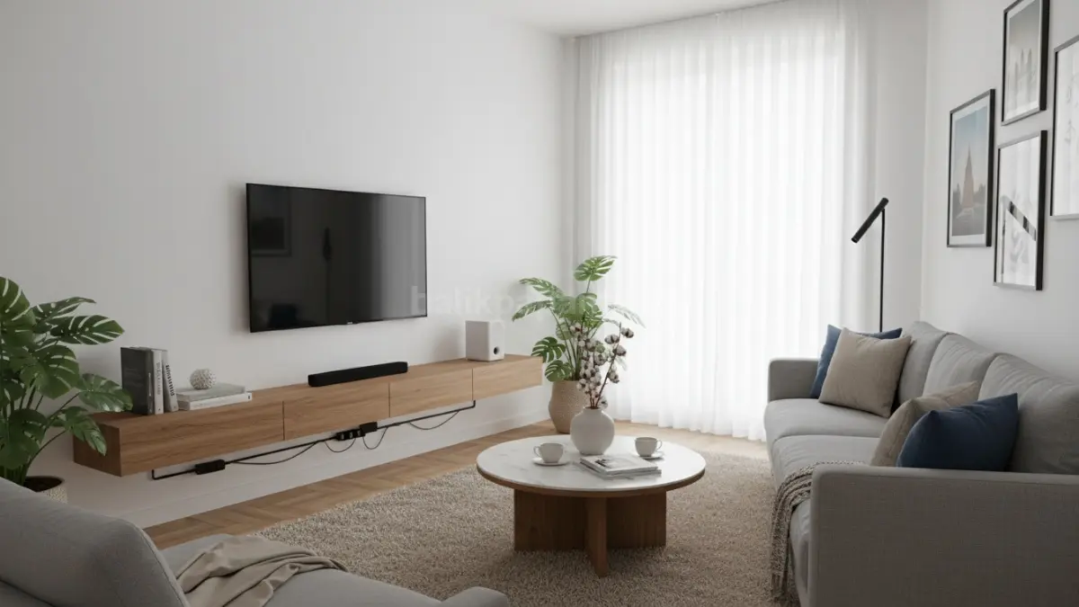 backdrop TV minimalis modern dengan pencahayaan LED yang bikin ruang keluarga terlihat elegan