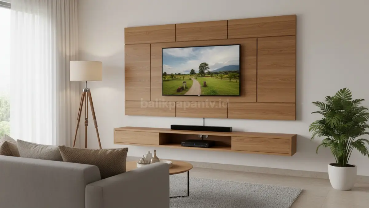 Contoh backdrop TV dengan panel kayu yang membuat ruangan terasa hangat dan rapi