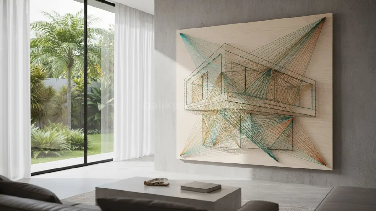 contoh string art benang jahit pada papan kayu modern
