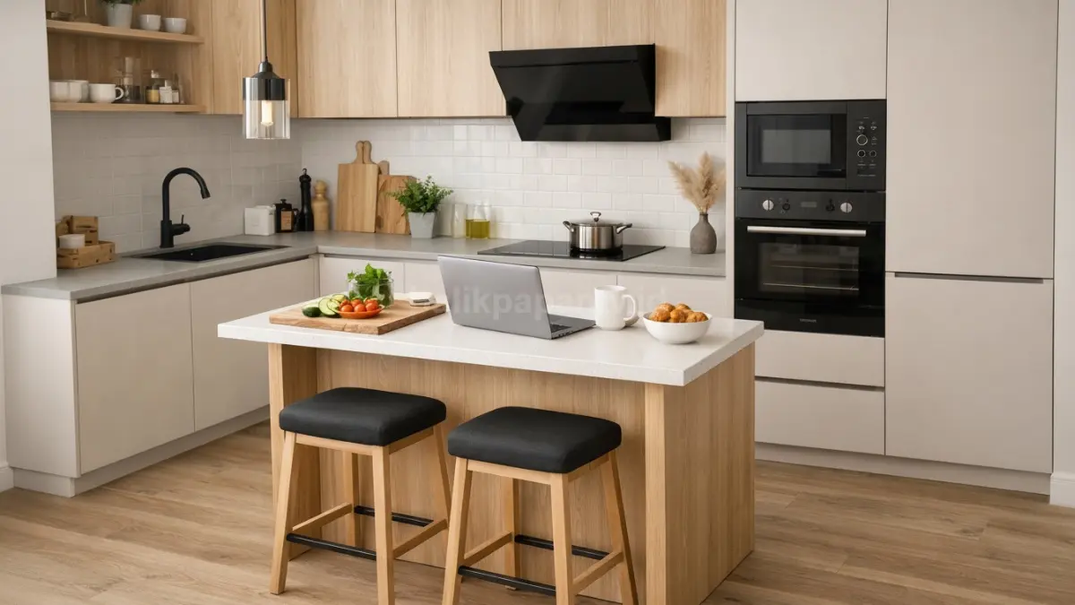 Dapur minimalis dengan island mini multifungsi.