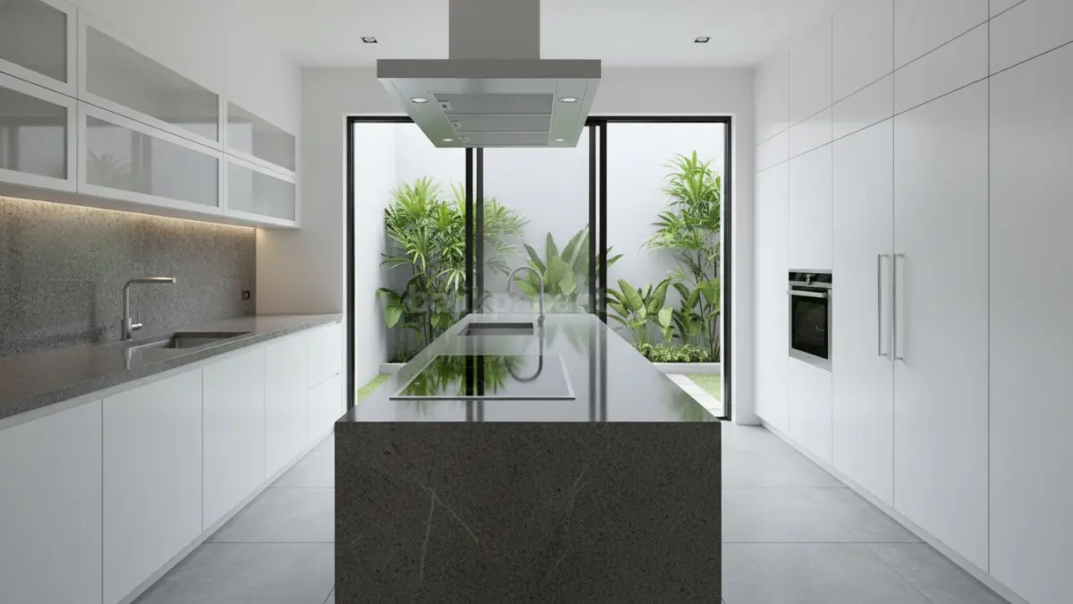 dapur minimalis dengan kompor tanam modern dan meja granit