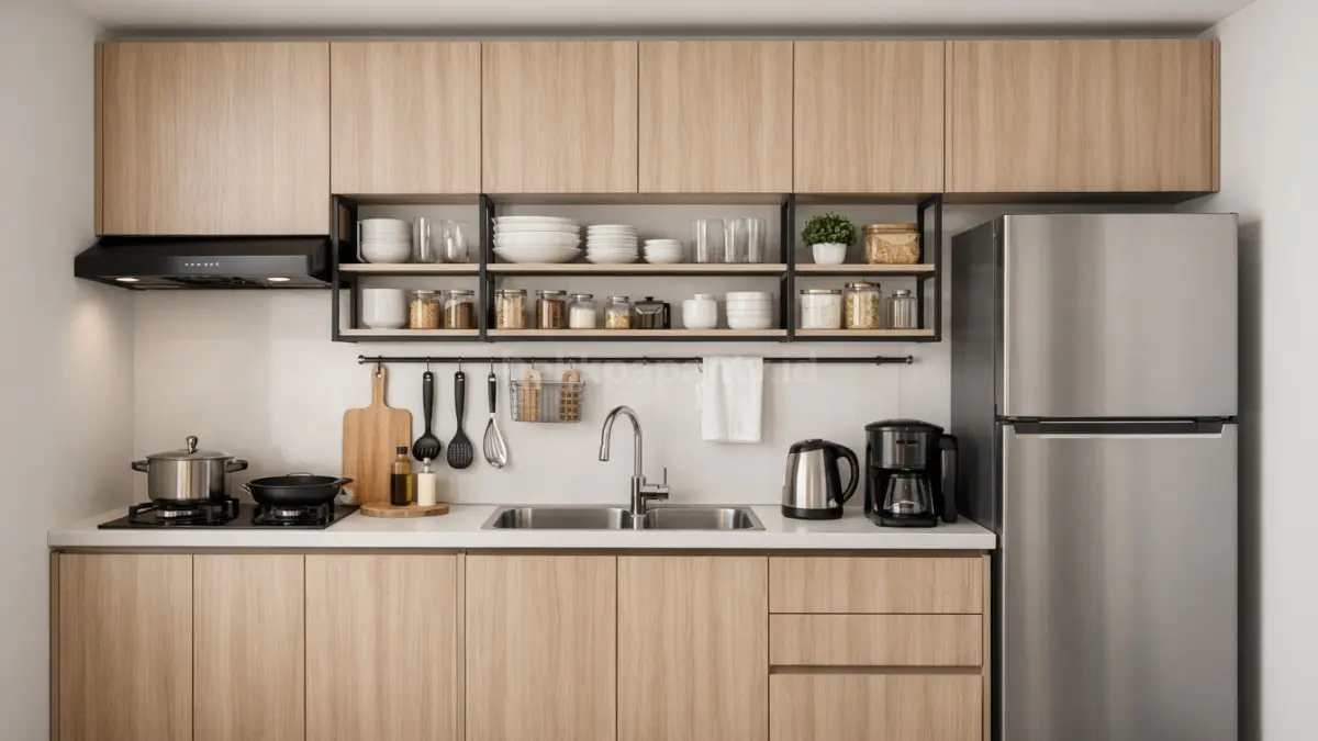 Dapur minimalis linear satu sisi dengan rak gantung.
