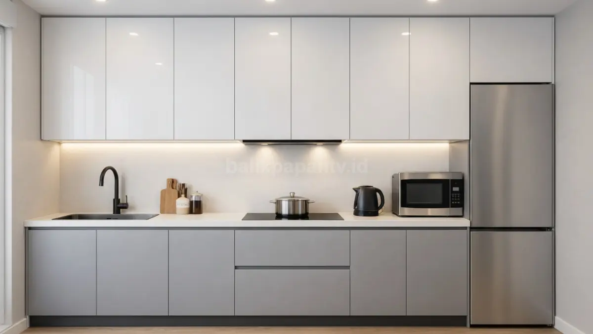 Dapur minimalis model garis lurus dengan kabinet penuh.
