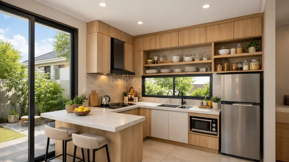 Dapur minimalis modern dengan pencahayaan alami dan kabinet rapi estetik.
