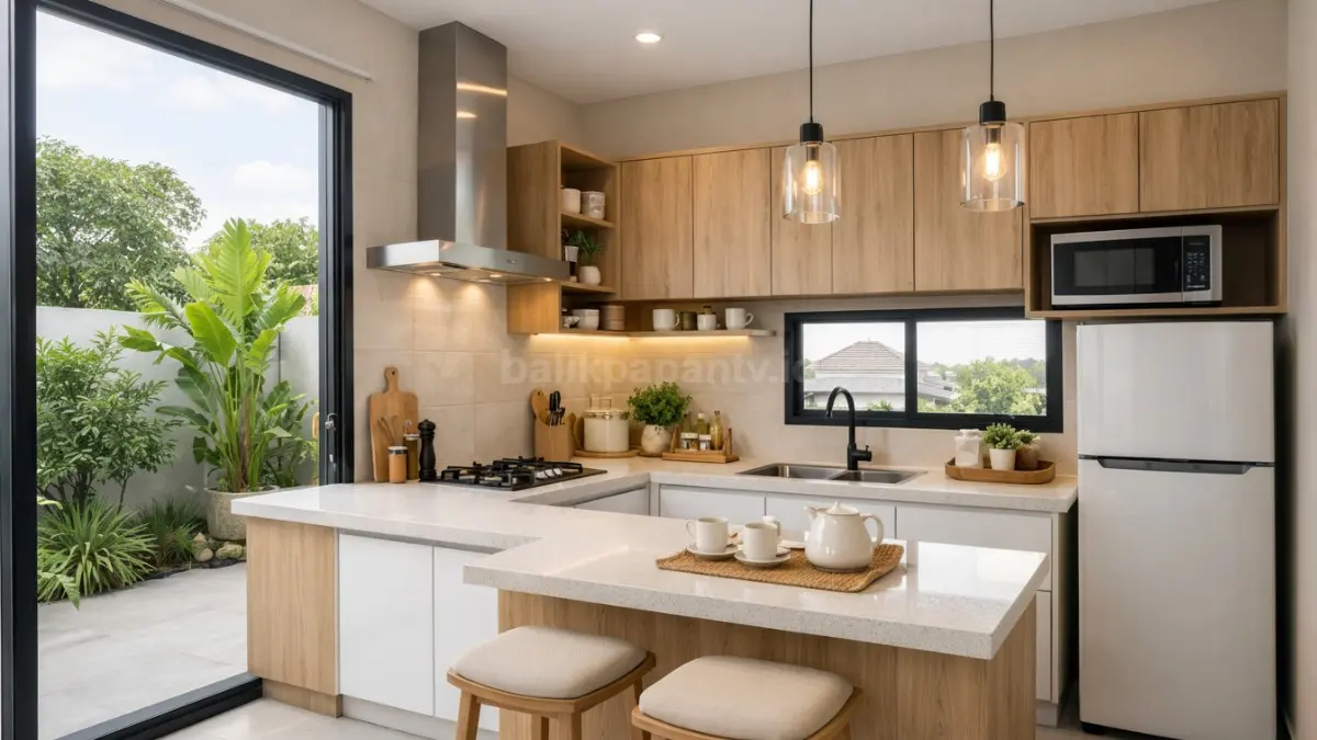Dapur minimalis model L-shape dengan bukaan terbuka.
