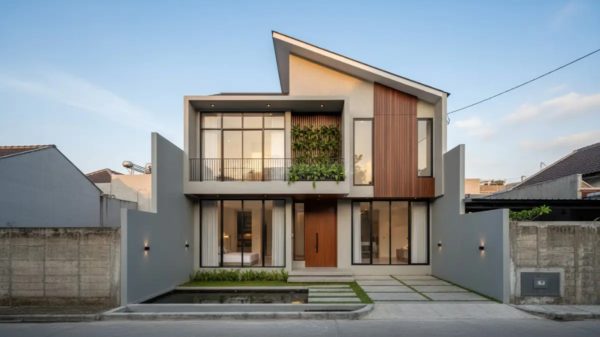 Desain rumah minimalis dua lantai modern di lahan terbatas dengan pencahayaan alami optimal
