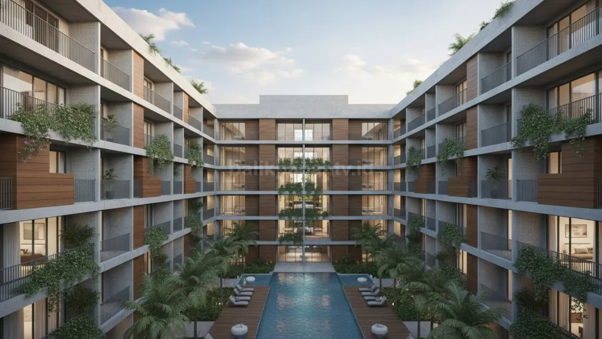 desain rumah susun modern dengan ruang terbuka dan ventilasi alami
