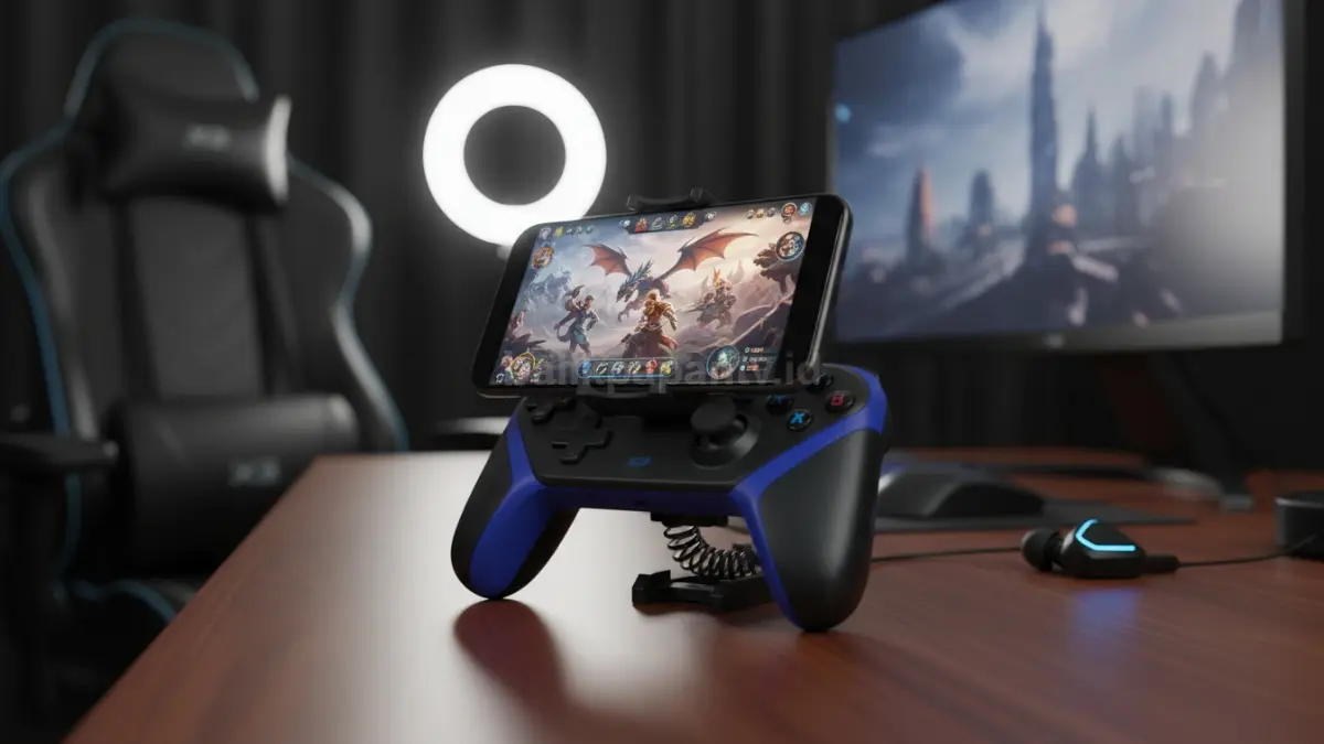 Gamepad X3 dengan phone holder terpasang siap digunakan untuk mobile gaming
