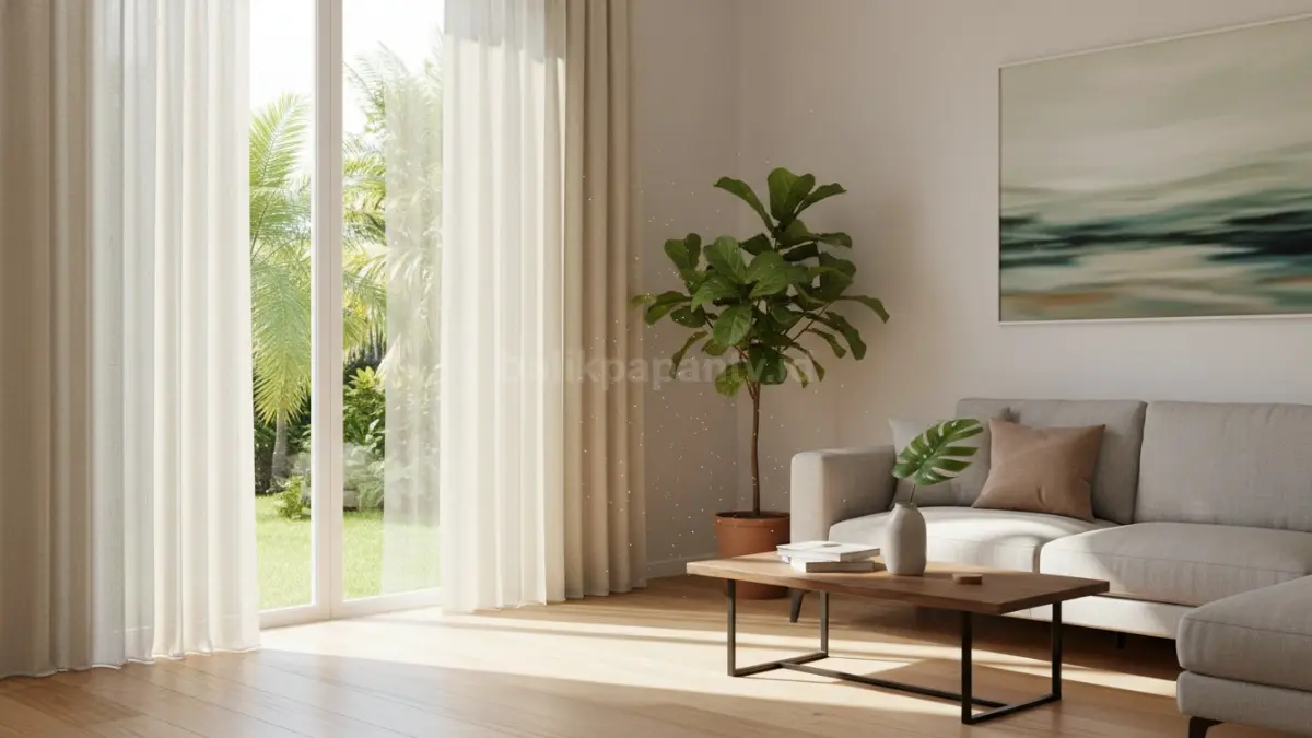Gorden minimalis modern warna netral di ruang tamu terang dan rapi