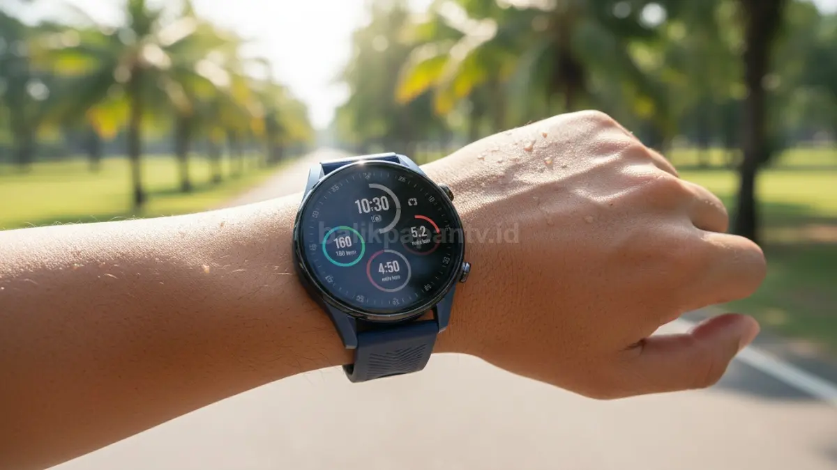 Huawei Watch GT Runner 2 digunakan saat lari dengan tampilan layar terang di bawah matahari