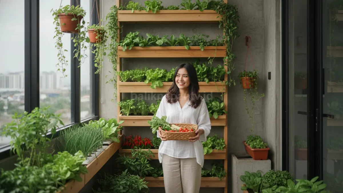 Ilustrasi edible garden rumah minimalis dengan tanaman sayur segar di halaman kecil