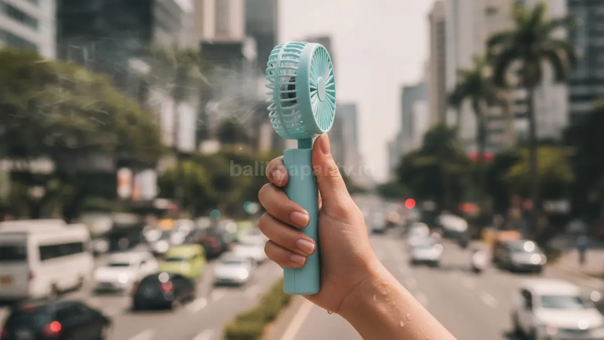 Ilustrasi kipas mini portable di tangan saat cuaca panas, solusi praktis sehari-hari