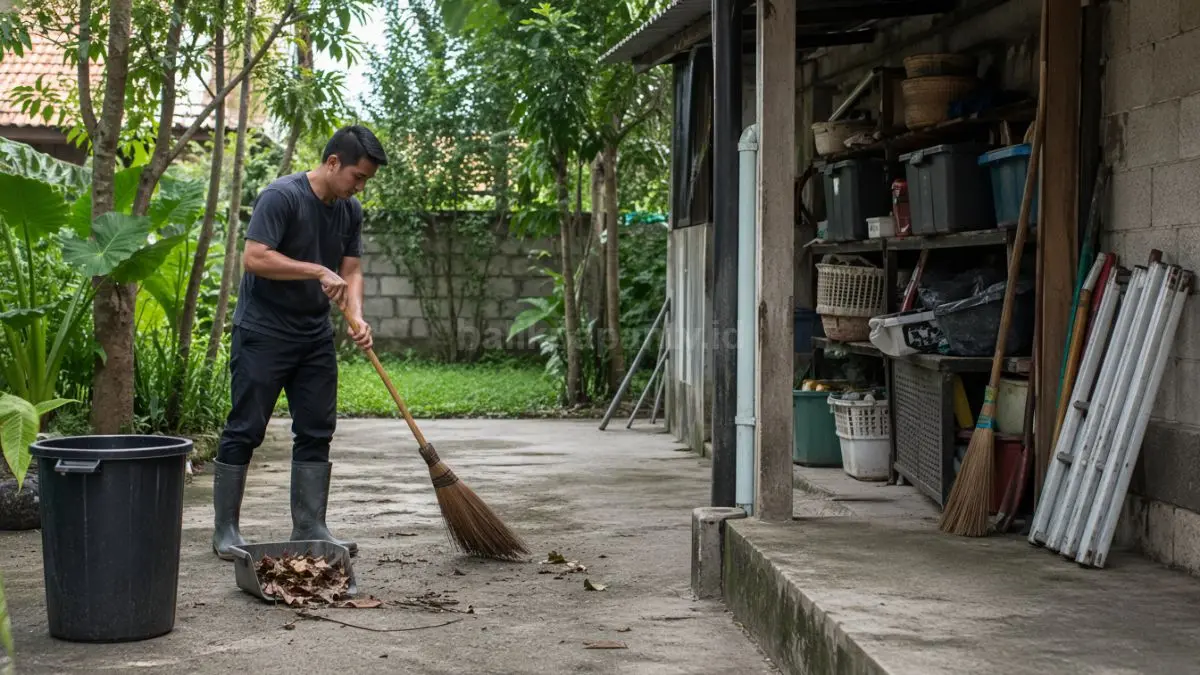 Ilustrasi pemilik rumah sedang membersihkan area gudang yang kotor.
