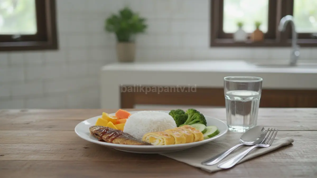 Ilustrasi piring makan dengan komposisi seimbang berisi nasi secukupnya, lauk ikan atau telur, sayur hijau, dan buah, menggambarkan pola makan harian sederhana namun lengkap untuk menjaga energi stabil dan mencegah rasa lapar berlebih.